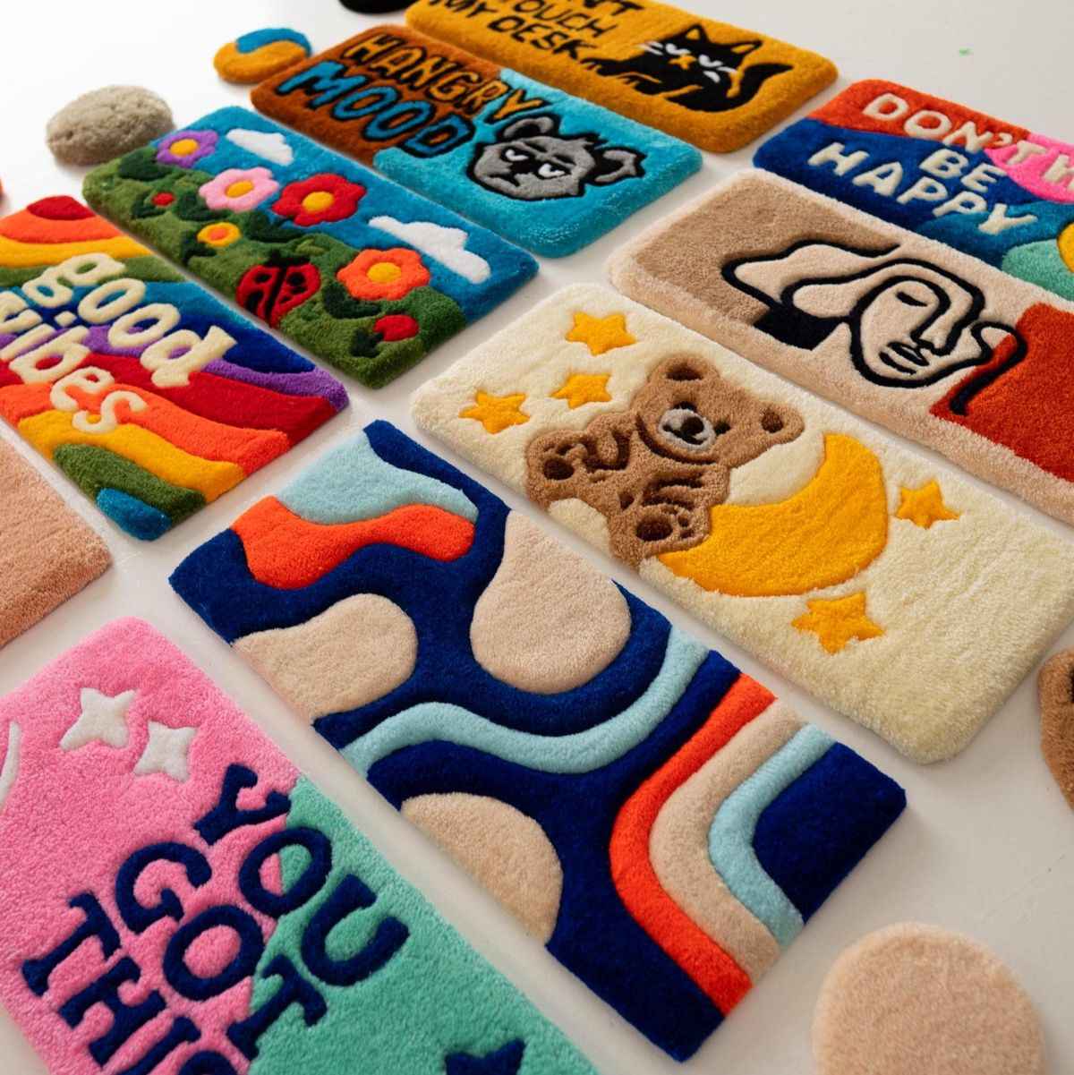 Colorful felt keyboard rug with cartoon letters and icons, soft stitched edges