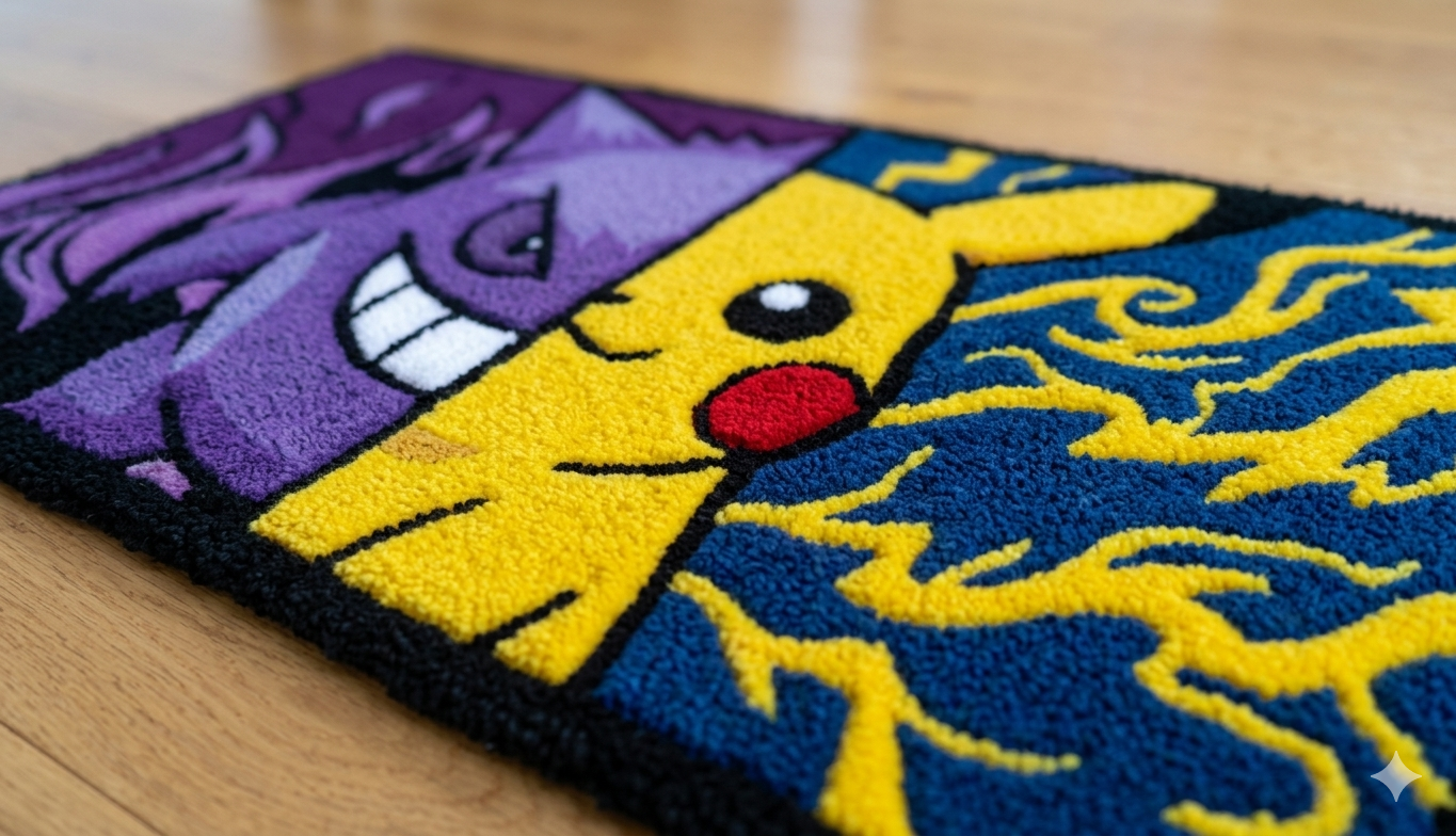Handmade rug close-up: purple face with flame lines, yellow Pikachu and blue wave pattern