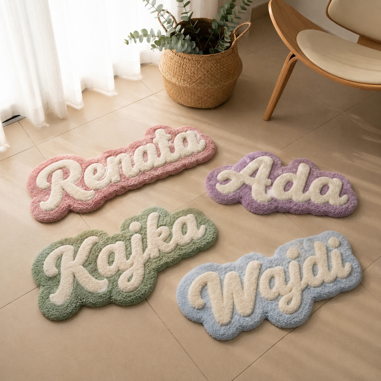 Pastel felt name rugs with raised appliqué letters in pink, purple, green, and blue