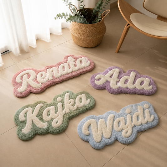 Pastel felt name rugs with raised appliqué letters in pink, purple, green, and blue