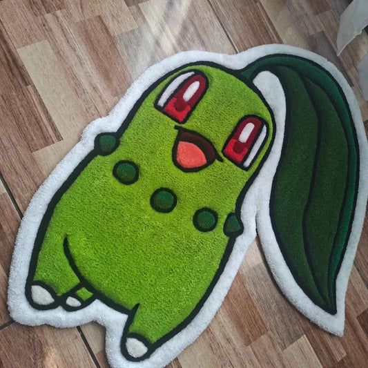 Chikorita character rug, lime green plush with long leaf tail and white border, 80x80 cm